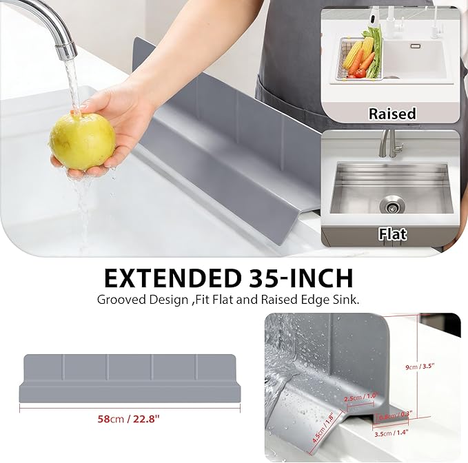 23Inch Sink Splash Guard – Extended Length & Tall Silicone Kitchen Sink Splash Guard with Overhang Drainage Design & Strong Suction Cups for Countertop (Dark Grey, 23''x3.5'')