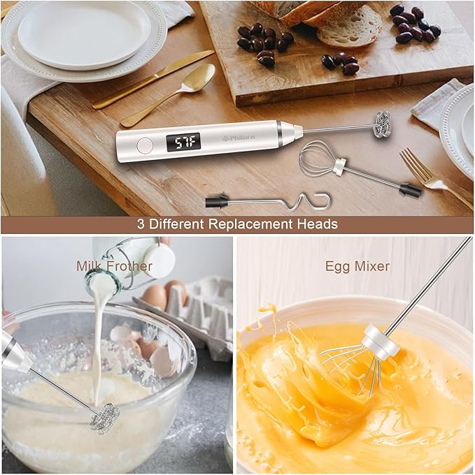 Philorn Milk Frother Wand Handheld Rechargeable Electric Whisk Coffee Drink Mixer, Mini Foamer for Lattes, Cappuccino, Frappe, Matcha, Hot Chocolate, Protein Powder, Keto Diet (White 2 Heads)