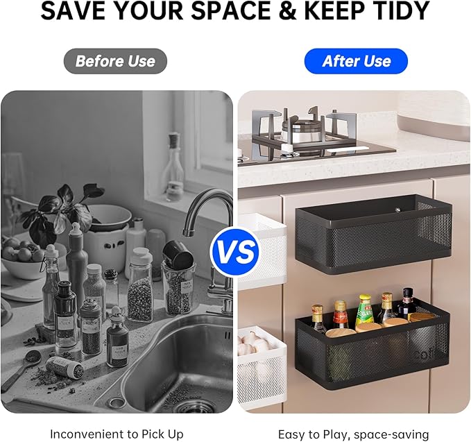 Heavy Duty Spice Rack Wall Mount - 2-Tier Metal Hanging Storage Baskets with Adhesive & Screw Options, Space Saving Spice Organizer for Kitchen, Pantry, Bathroom (2 Pack, Black)