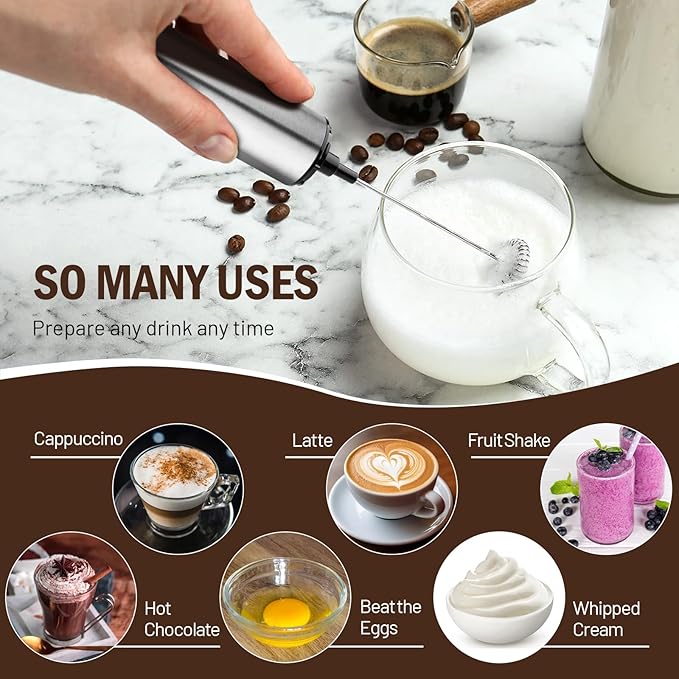 Milk Frother Wand for Coffee, Coffee Foamer Drink Mixer,Handheld Frother Rechargeable Electric Whisk with 5 Heads 2 Speeds for Latte, Cappuccino, Hot Chocolate, Egg(Home and Travel Set Silvery)