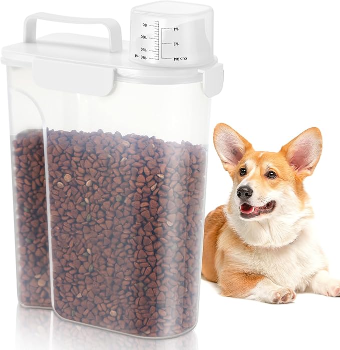 TBMAXS 5-7 Lbs Dog Cat Food Storage Container, Portable Travel Pet Food Storage Container with Measuring Cup, Easy-Pouring Bird Seed Dispenser, Airtight Rice Cereal Oatmeal Flour Dispenser -White