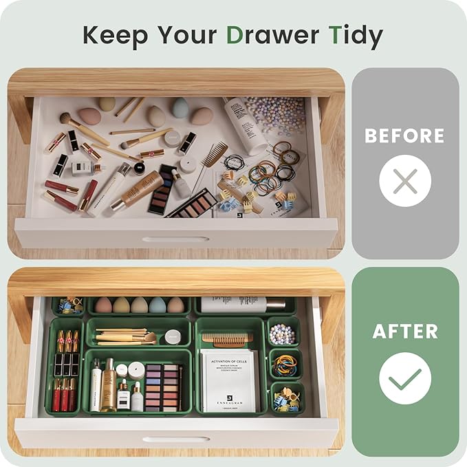 A-LuGei 【Military Grade Drawer Organizer, 【𝟱𝗦𝗶𝘇𝗲】 Makeup organizer, 【Holds 177 Items】 Bathroom Organizers and Storage, Organization and Storage, Desk Drawer Organizer for Vanity (Green)