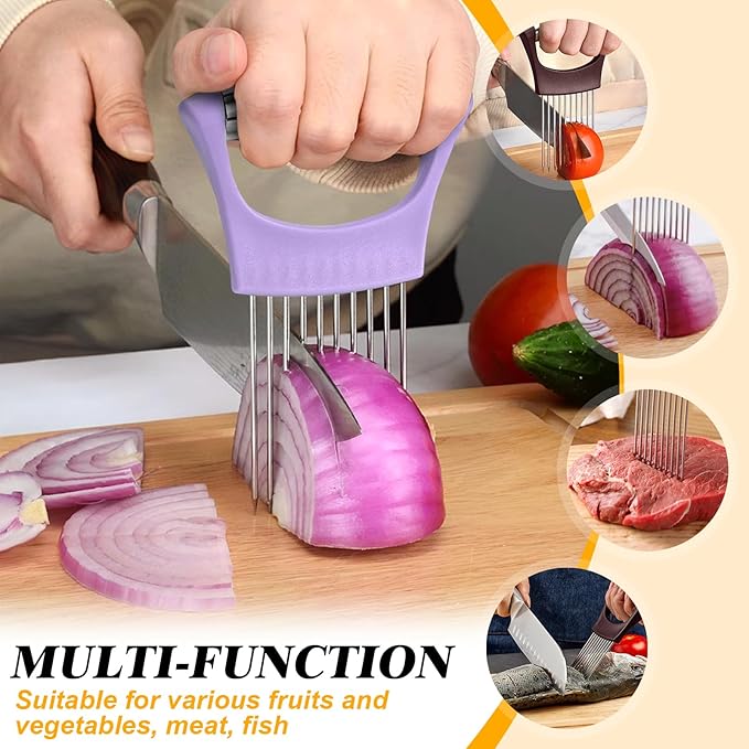 Stainless Steel Onion Holder for Slicing,Onion Slicer Holder, Onion Cutter for Slicing of Onions, Tomatoes,Avocados,Eggs and Other Vegetables,Kitchen Utensils Gift (Purple)