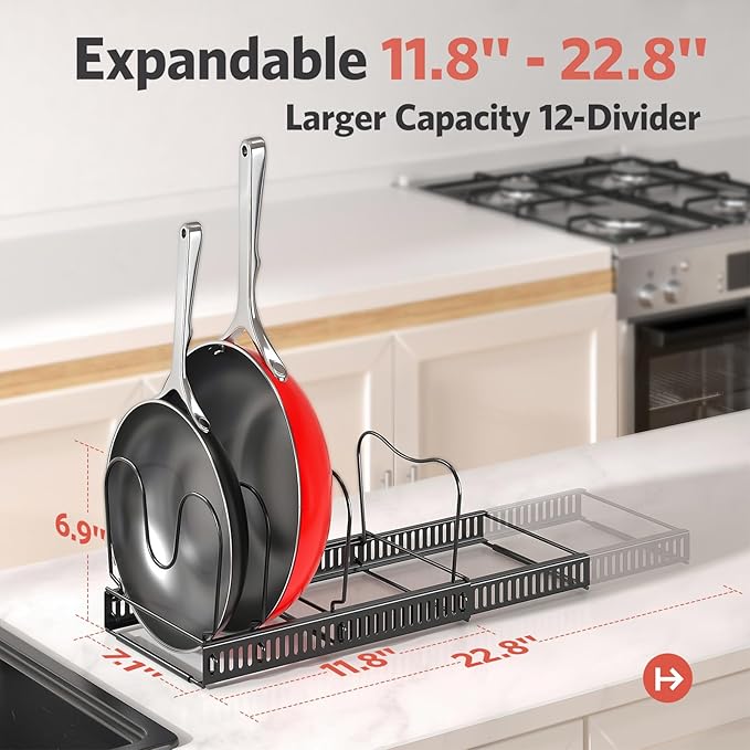 ORDORA Pots and Pans Organizer under Cabinet, Expandable 11.8"-22.8" Pot Lid Holder with 12 Adjustable Dividers, Pan Organizers inside Cabinet for Kitchen Cookware Bakeware, Black