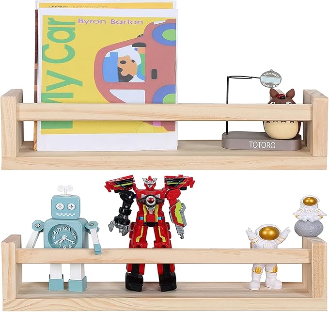 JORIKCHUO Nursery Book Shelves, Set of 2 Wood Floating Book Shelves for Kids Room, Kitchen Spice Rack, or Rustic Wall Mounted Shelves for Farmhouse Bathroom Décor (Natural Wood)