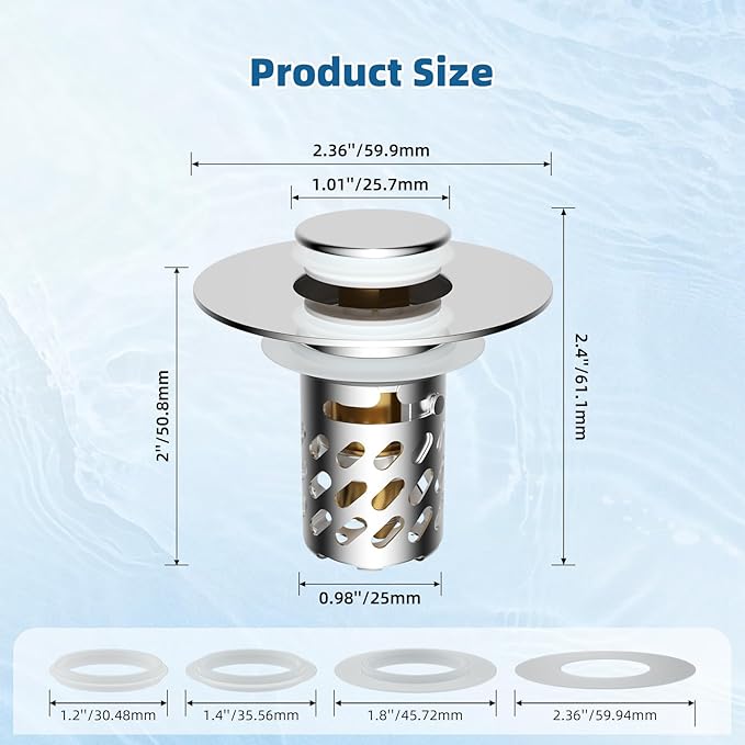 iFealClear 2 Pack All Metal Bathroom Sink Stopper, Pop Up Sink Drain Strainer with Removable Stainless Steel Filter Basket, Universal for 1.1"-2.36" Sink, Brass Bounce Core, Hair Catcher, Chrome