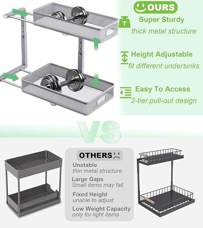 Under Sink Organizer, High Adjustable 2 Tier Under Sink Organizers and Storage, Slide out Metal Cabinet Organizers, Pull out Storage Drawer Shelf for Kitchen Bathroom Cabinet (1, Gray)