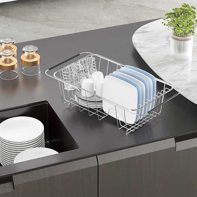 JAQ Over Sink Dish Drying Rack for Small Sink, Compact Expandable 14.25"–22.44", Adjustable 304 Stainless Steel Dish Drainer with Utensil Holder, Space Saving for Small Kitchen