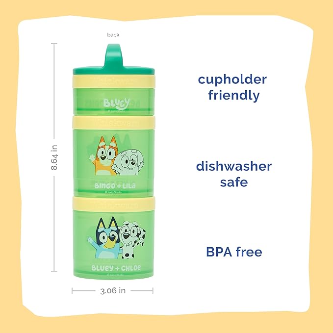 Whiskware Bluey Stackable Snack Containers for Babies, Toddlers, and Kids, 3 Stackable Snack Cups for School and Travel, Cupholder Friendly, Bluey, Chloe, Bingo, and Lila, Best Buddies!