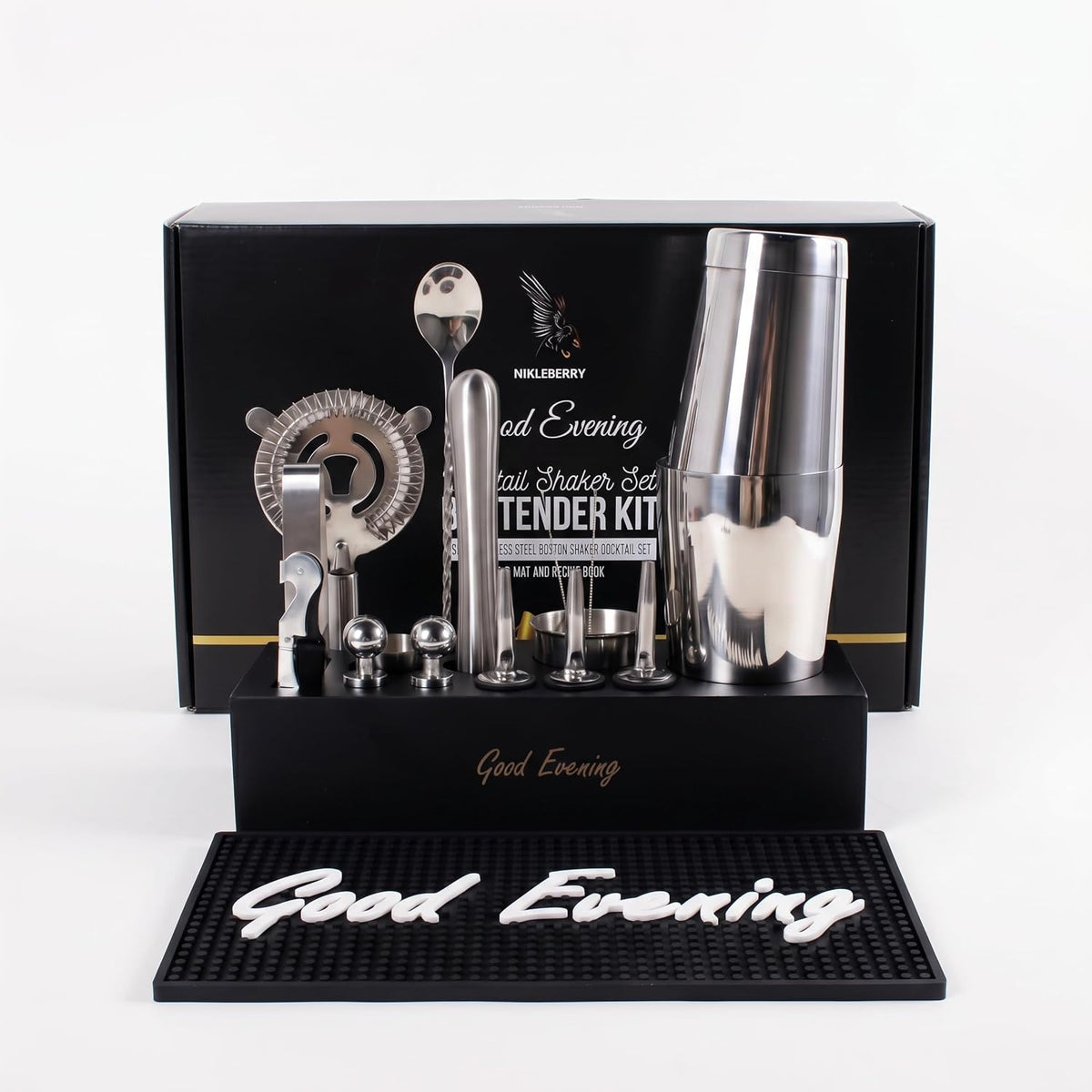Premium 18-Piece Bartender Kit - Mixology Cocktail Shaker Set with Modern Bamboo Stand, Weighted Boston Shaker, Bar Mat & Recipe Book | 304 Stainless Steel Home Bar Accessories