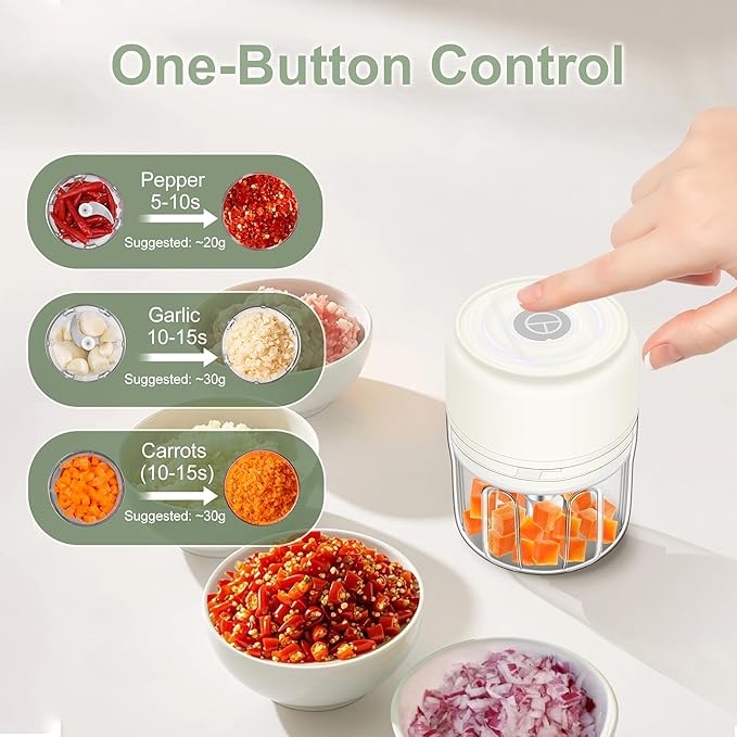 250ML Mini Electric Garlic Mincer, Onion Chopper Grinder Masher, USB Wireless Garlic Press, Small Food Processor Blender for Vegetable Ginger Chili, White