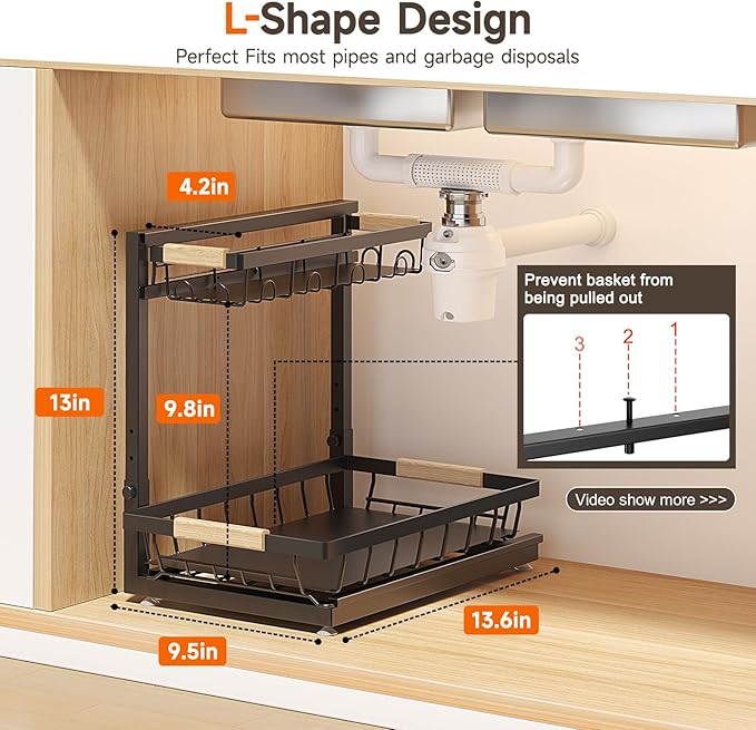 Sevenblue 2 Packs Under Sink Organizer, Height Adjustable 2 Tier Under Kitchen Sink Organizer, Multi-Purpose Storage Shelf for Kitchen Bathroom Cabinet