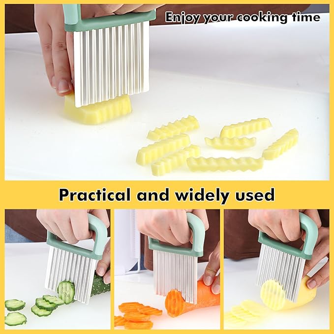 2 Pack Crinkle Cutter Set - French Fry Cutter for Potatoes, Premium Stainless Steel Potato Slicer, Safe Wavy Veggie Slicer with Blade Cover, Space-Saving Crinkle Knife