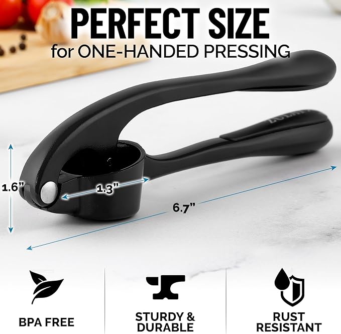 Zulay Kitchen Premium Garlic Press Set - Rust Proof Professional Garlic Mincer Tool - Easy-Squeeze, Easy-Clean with Soft, Ergonomic Handle - Silicone Garlic Peeler & Brush (Black)