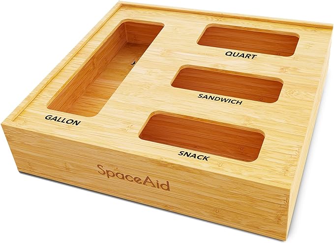 SpaceAid Bag Storage Organizer for Kitchen Drawer, Bamboo Organizer, Compatible with Gallon, Quart, Sandwich and Snack Variety Size Bag (1 Box 4 Slots), 2.5" High
