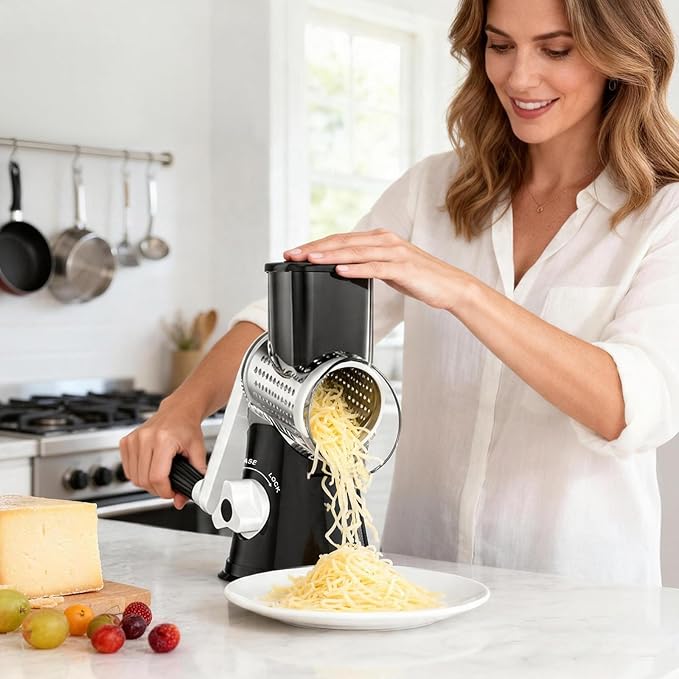 Ourokhome Rotary Cheese Grater Hand Crank, Kitchen Shredder Speed Mandolin Slicer Nuts Grinder with Handle and Drum Blades for Cheese, Vegetable, Walnut, Chocolate, Potato, Carrot, 3 Blades, Black