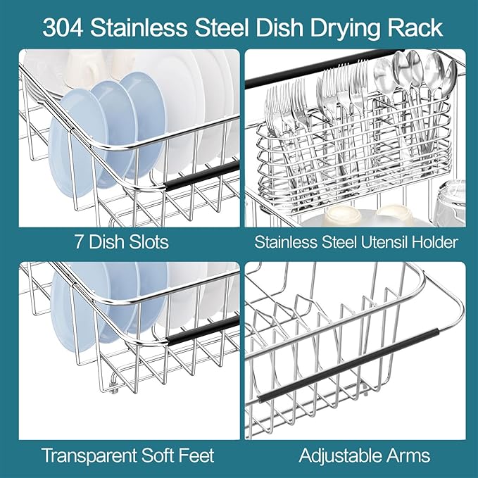 Large Dish Drying Rack in Sink Expandable, Adjustable 304 Stainless Steel Metal Dish Drainer Rack Organizer with Stainless Steel Utensil Holder Over Inside Sink Counter, Rustproof