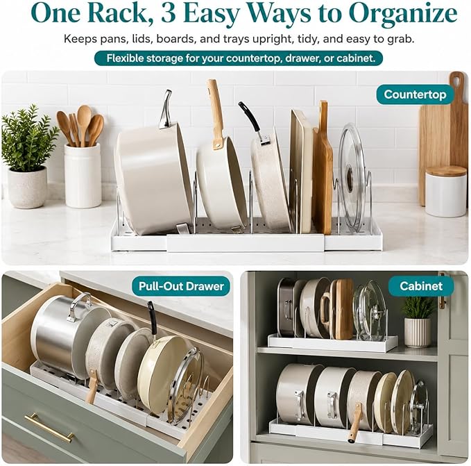 Pot Rack:Expandable Pan Organizer for Cabinet,Pot Lid Holder with 6 Adjustable Compartment for Kitchen Cabinet Cookware Baking Frying Rack,Apricot