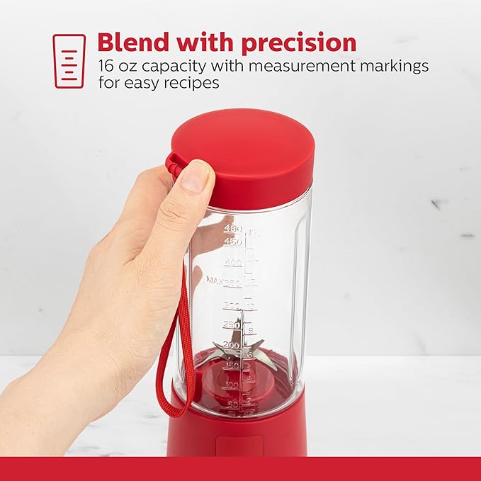 Holstein Housewares - USB Portable Blender, 16oz Personal Smoothie & Shake Maker with Rechargeable Battery, Type-C Fast Charging, Spill-Free Lid & Indicator Light - Red