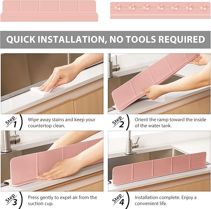 23Inch Sink Splash Guard – Extended Length & Tall Silicone Kitchen Sink Splash Guard with Overhang Drainage Design & Strong Suction Cups for Countertop (Lotus Pink, 23''x3.5'')