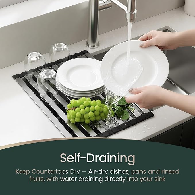 Meowoo Rectangle Dish Drying Rack, 15.7" x 13" Roll Up Over The Sink Dish Drainer Rack, Non-Slip Silicone Base, Stainless Steel Drying Rack for RV & Small Kitchen Sink, Black