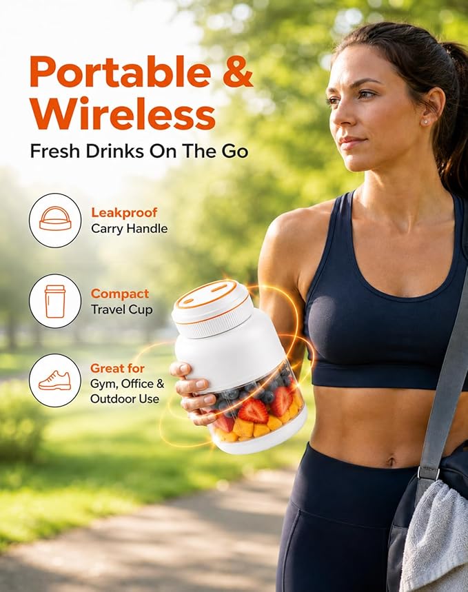 Portable Blender 44oz, Wireless Juicer Cup for Shakes and Smoothies, Personal Size Blender with Dual Lid & Leakproof Handle, Compact Travel Drinking Cup for Gym, Office, Kitchen, Outdoor (White 27oz)
