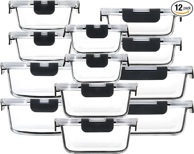 FAWLES 12 Pack Glass Meal Prep Containers with Airtight Lids, Leak-Proof Food Storage Containers, Dishwasher/Microwave/Oven/Freezer Safe Glass Containers for Lunch, Leftovers, to Go (Grey)