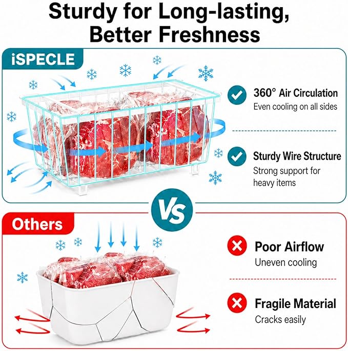 iSPECLE Deep Freezer Organizer Bins - Fits 7 Cu.Ft Chest Freezer, 8 Pack Stackable Wire Baskets(14.7" Length), Heavy Duty Coated Freezer Organizer, Rust Resistant for Frozen Food Sorting, White