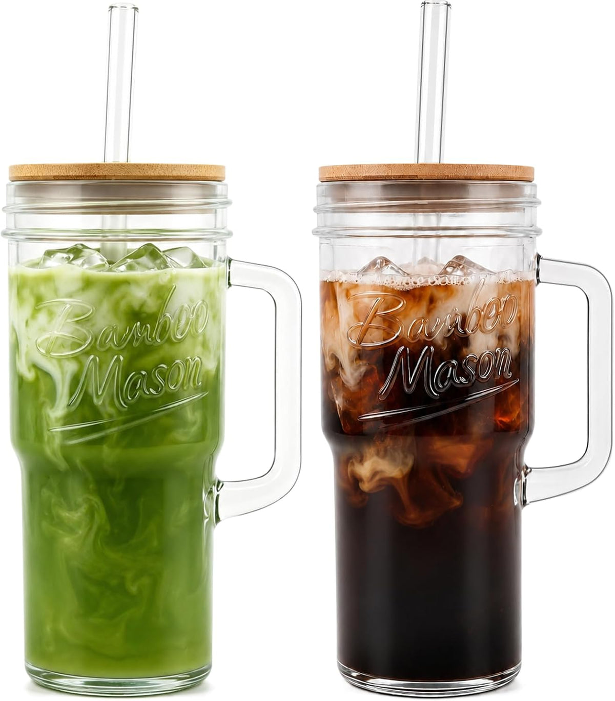 Glass Cups With Lids And Straws, Leakproof Tumbler 24oz Mason Jar Coffee Cup, Cap Cup Leak-Proof with Straw, Reusable Iced Coffee Smoothie Matcha Cup Aesthetic Coffee Gifts Women 2pc