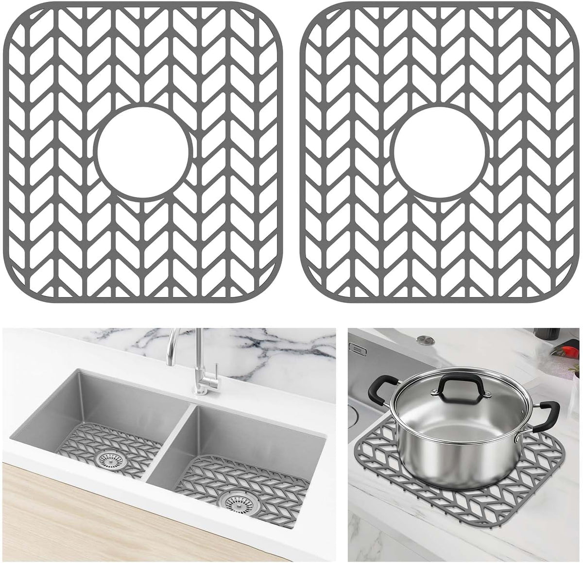 Silicone Sink Protectors for Kitchen Sink, 12" x 11" Mat for bottom of sink, Center Drain Hole, Protect from Stains, Scratches, Dishwasher Safe Grid for Kitchen (2 Pack, Gray)