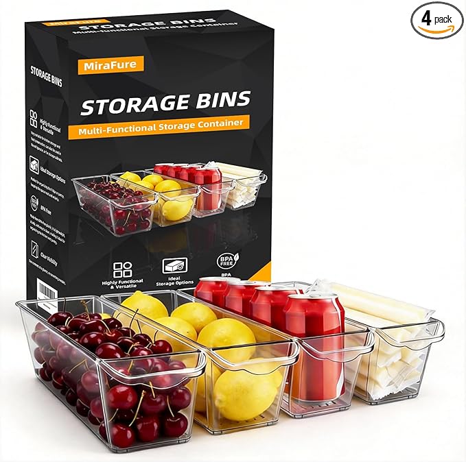 4 Pack Slim Fridge Organizer Bins, BPA Free Clear Refrigerator Storage Containers, Clear Pantry Organization & Cabinet Bins with Handles, Narrow Freezer Bin for Kitchen, Mini Fridge