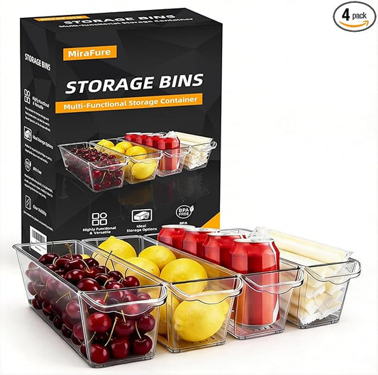 4 Pack Slim Fridge Organizer Bins, BPA Free Clear Refrigerator Storage Containers, Clear Pantry Organization & Cabinet Bins with Handles, Narrow Freezer Bin for Kitchen, Mini Fridge