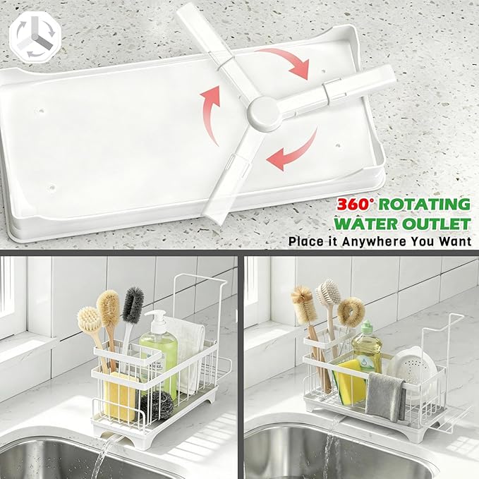 Sponge Holder for Kitchen Sink, Sink Caddy Organizer with Detachable Cloth & Brush Holder, Self-Draining Sponge Caddy Organizer with 360° Rotatable Spout, Kitchen Countertop Storage Accessories(White)