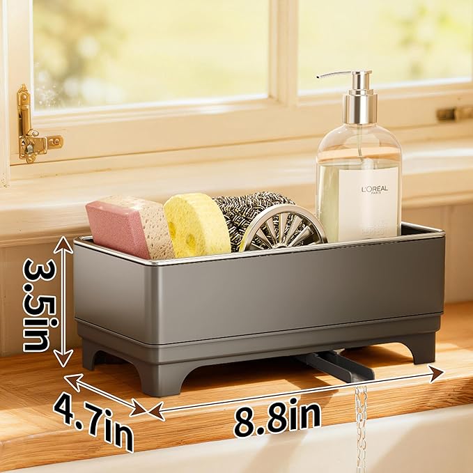 MOUKABAL Sponge Holder for Kitchen Sink – Rustproof Stainless Steel, 360° Rotating Drain Pipe, Large Counter Organizer with Drip Tray for Sponges, Brushes & Dish Cloths Grey