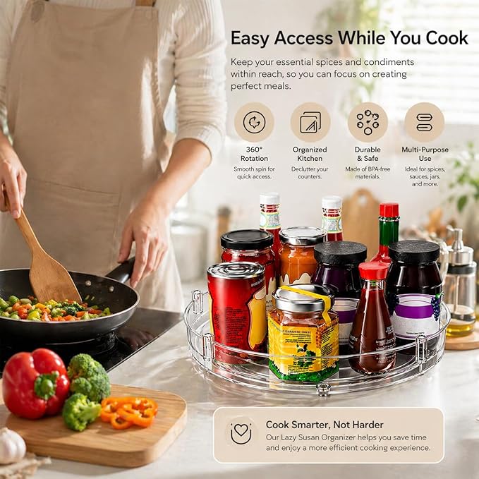 2 Pack Lazy Susan Organizer, Rotating Spice Rack Turntable for Kitchen Cabinet Pantry, Clear Storage Tray for Refrigerator Countertop Bathroom Organizer