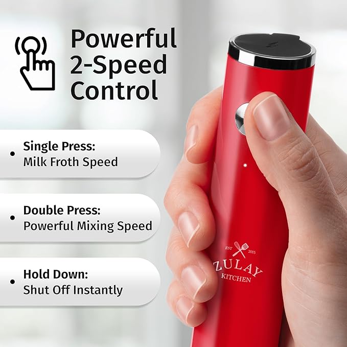 Zulay Kitchen Rechargeable Milk Frother Handheld - Frother Wand, Drink Mixer, Electric Whisk Frother, for Cappuccinos, Matcha & Protein Powder - Lux 4 Whisk 2 Speed Waterproof 2000mAh Red