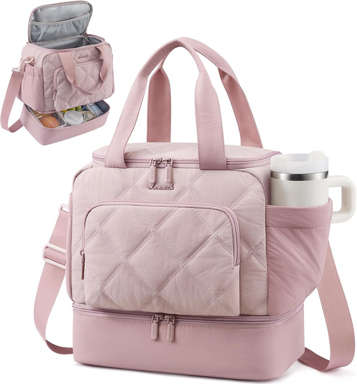 Insulated Lunch Bags for Women, Double Deck Pink Lunch Box