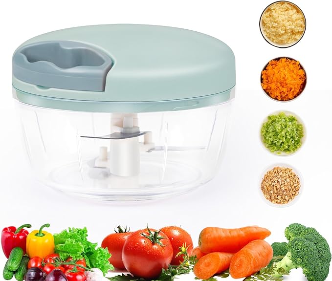 Garlic Chopper with Container, Manual Food Chopper Pull-String, Vegetable Onion Mincer, Hand Food Processor, Kitchen Cutter for Chili Ginger Herb Seasoning, Green 500ml