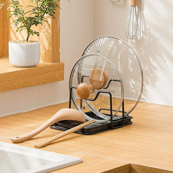 Poeland Pot Lid Holder, 2 Layers Pot Lids Organizer Multifunctional Lid and Spoon Rest Rack with Drip Tray for Lids, Spatulas, Spoons, Cutting Boards