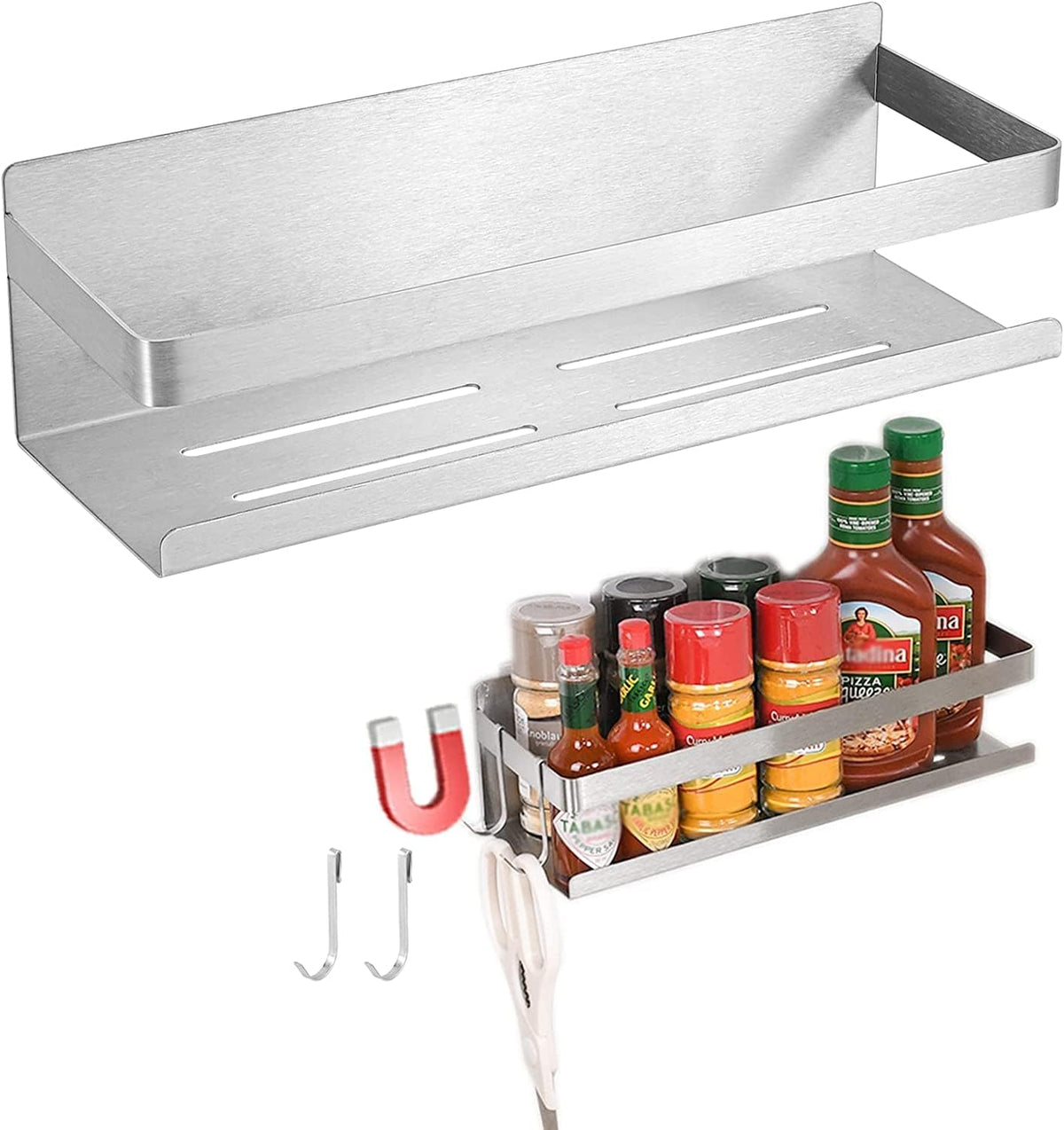 Magnetic Spice Rack for Refrigerator Spice Organizer, Strong Magnetic Shelf with 2 Removable Hooks Space Saver for Refrigerator and Microwave Oven, Metal Fridge Shelf(1 pack Silver)