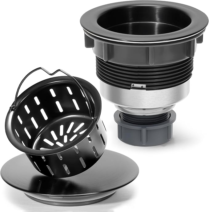 BOTEMY Kitchen Sink Drain Assembly with Removable Deep Basket Strainer, Anti-Clog Sink Drain Kit, Stainless Steel & ABS, Easy Clean Lift-Out Strainer, Fits Standard 3-1/2 Kitchen Sinks - Black