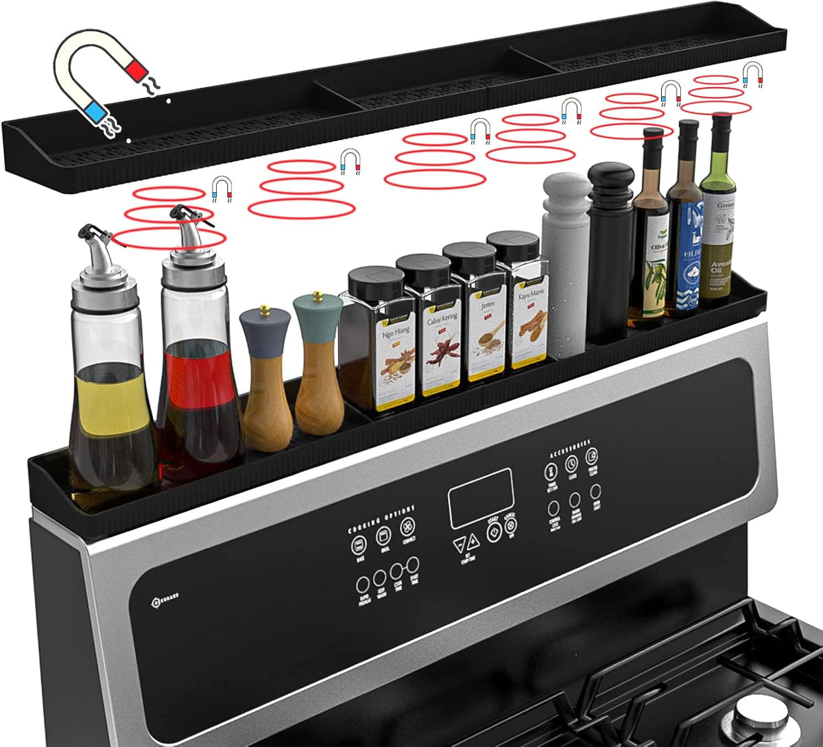 Stove Top Shelf 30 Inch - Silicone Material Magnetic Shelf for Stove -Black