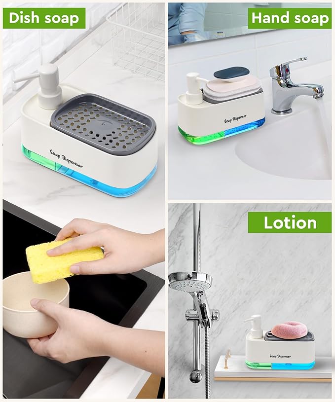 5-in-1 Kitchen Soap Dispenser Set with Sponge Holder - Dual Hand & Dish Soap Pump Dispenser for Sink Countertop with 2-Packs Natural Loofah Dish Sponge Dishwashing Scrubber,White
