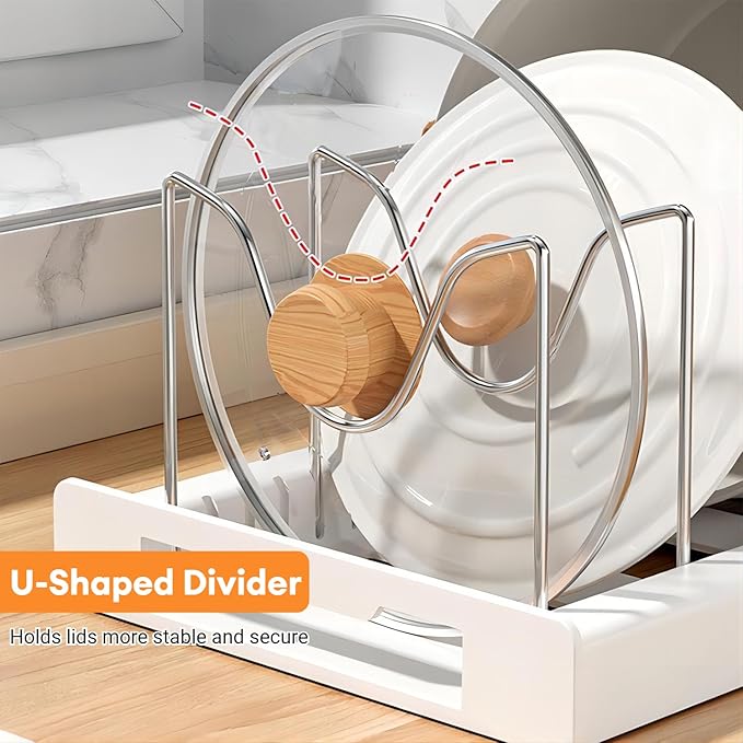 Sylfaen Expandable Pots and Pans Organizer Rack Under Cabinet, Pot Lid Holder with 7 Adjustable Dividers, Pan Organizers Inside Cabinet for Kitchen Storage Cookie Sheets Bakeware Cutting Board, White