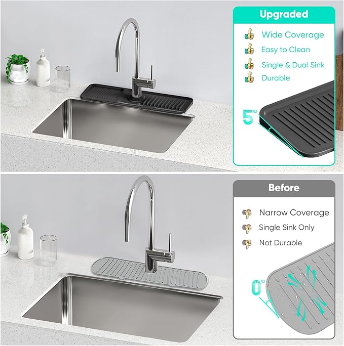 17.7inch Faucet Mat for Kitchen Sink [5°Slope Fast Self-draining] Kitchen Sink Splash Guard Silicone Kitchen Sink Faucet Mat Splash Guard for Kitchen Sink Area Tidy Splash Faucet Guard Draining Mat