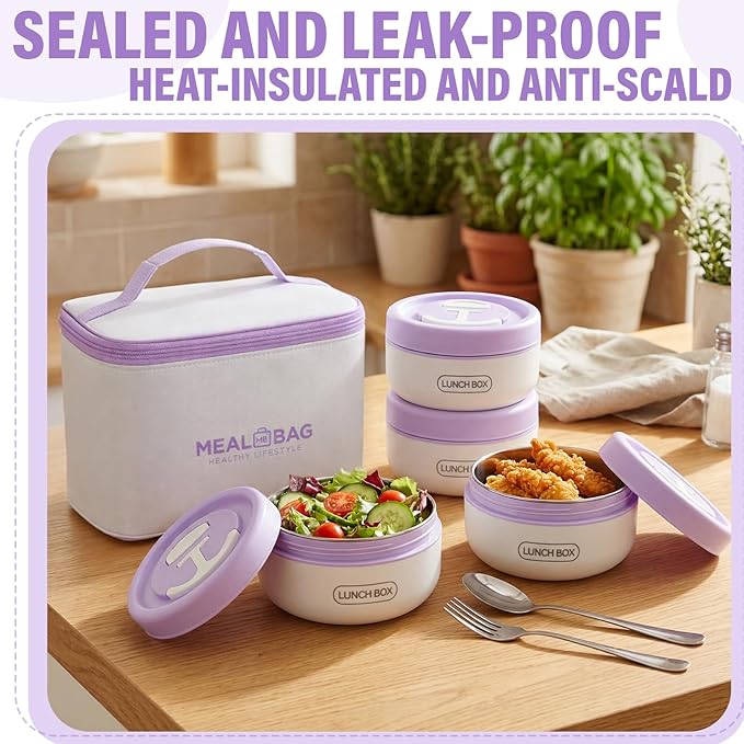Dandat 4 Pcs Insulated Lunch Container, Portable Bento Box, Stainless Steel Lunch Box, Round Stackable Leakproof Thermal Food Container for Adult Men Women with Insulated Bag, 74 oz(Purple)