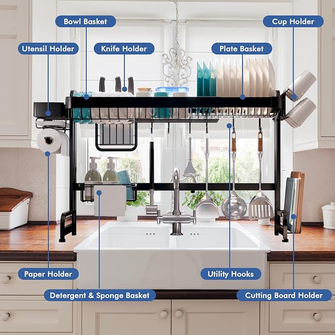 LIVOD Over Sink Dish Drainer Drying Rack, 2 Tier Full Stainless Steel Storage Adjustable Length Kitchen Rack, Multifunctional Expandable Counter Organizer, Space Saver Dish Rack