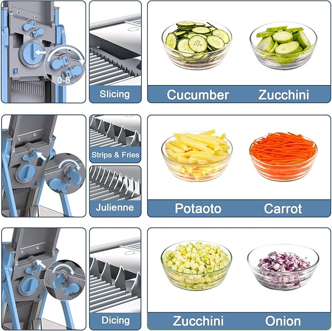 Jonscook All-in-1 Update Safe Mandoline Slicer for Kitchen, Food Chopper with Container, Thickness Adjustable Vegetable Chopper, Potato French Fry Cutter Tomato Apple Slicer Onion (Blue)