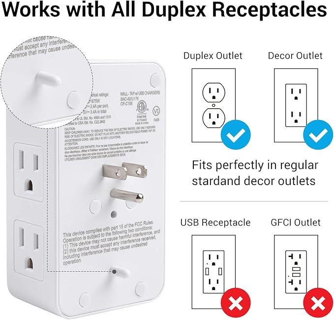 Clear Power Multi Plug Outlet Extender, 6-Outlet Splitter with 3 USB Ports (1x USB-C), 3-Sided Power Strip USB Wall Charger for Home & Office, White, DC3S-1006-DC