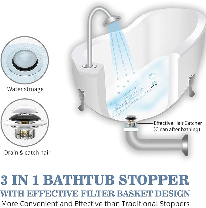 Universal 3 in 1 Bathtub Drain Stopper Bathtub Drain Hair Catcher, Pop-up Tub Stopper with Effective Filter Basket, Anti-Clogging Bathtub Drain Plug Bath Tub Stoppers for 1.45-1.8" Drain Shoe